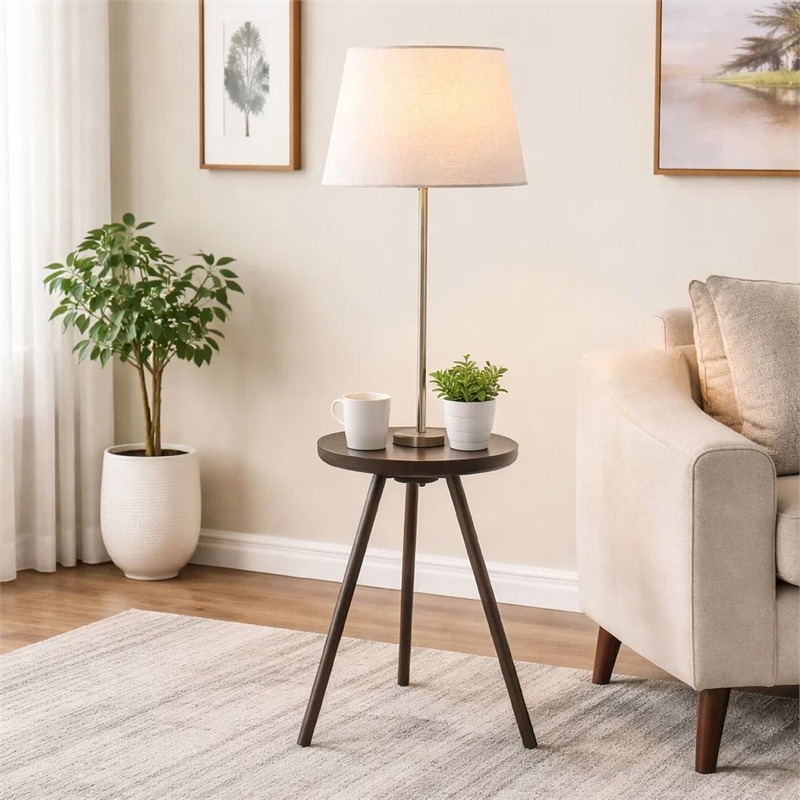Accent Table Lamp w Side End Table- White Drum Shade- Espresso Brown
