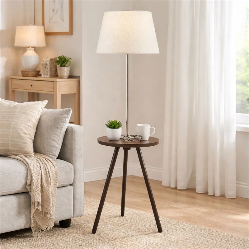 Accent Table Lamp w Side End Table- White Drum Shade- Espresso Brown