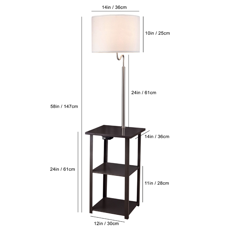Accent Table Lamp with Shelves and USB Ports- 58 Inch- White Drum Shade