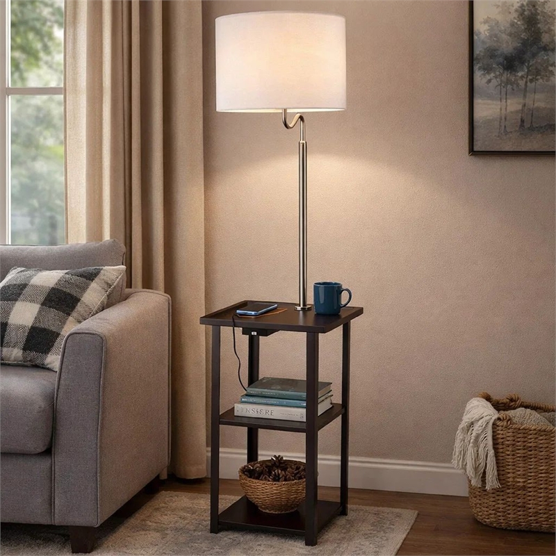 Accent Table Lamp with Shelves and USB Ports- 58 Inch- White Drum Shade
