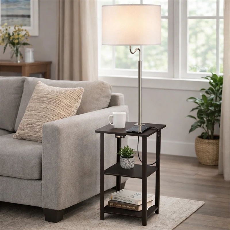 Accent Table Lamp with Shelves and USB Ports- 58 Inch- White Drum Shade