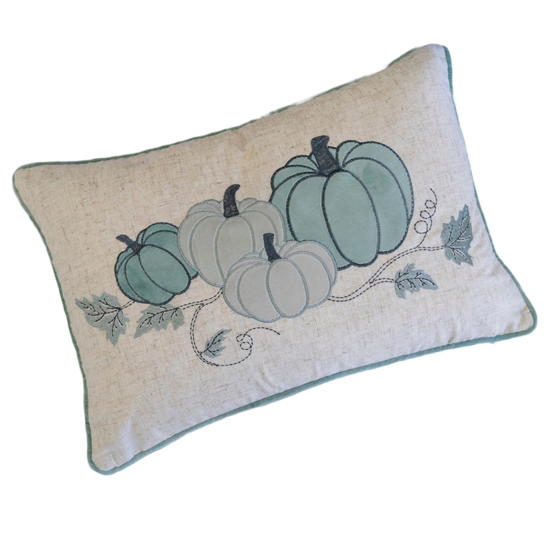 Niva Lumbar Pillow- Blue Embroidered Pumpkin- Ivory Cotton-Blend 14x20