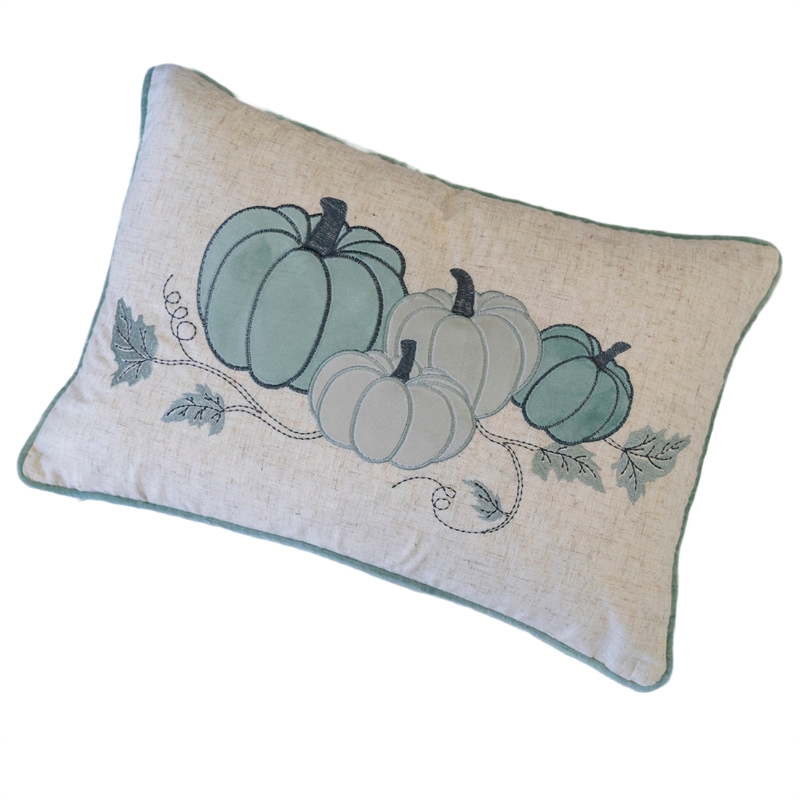 Niva Lumbar Pillow- Blue Embroidered Pumpkin- Ivory Cotton-Blend 14x20