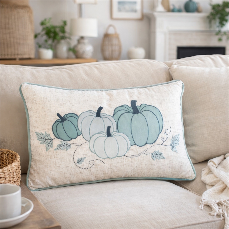 Niva Lumbar Pillow- Blue Embroidered Pumpkin- Ivory Cotton-Blend 14x20