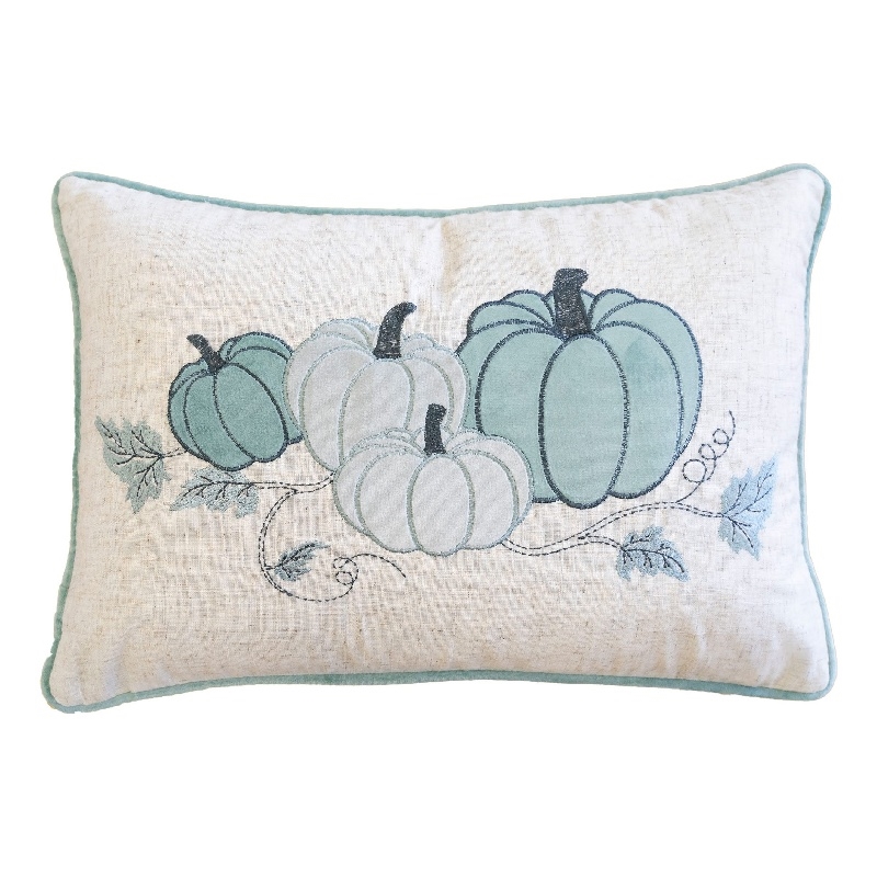 Niva Lumbar Pillow- Blue Embroidered Pumpkin- Ivory Cotton-Blend 14x20