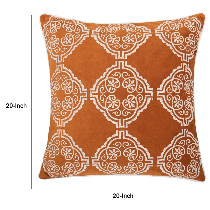 Niva Square Throw Pillow- Damask Embroidery- Burnt Orange Velvet 20 Inch