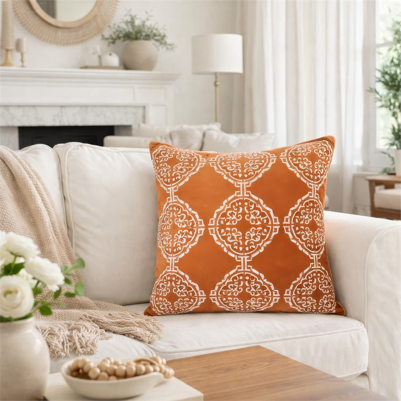 Niva Square Throw Pillow- Damask Embroidery- Burnt Orange Velvet 20 Inch