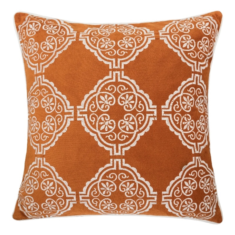 Niva Square Throw Pillow- Damask Embroidery- Burnt Orange Velvet 20 Inch