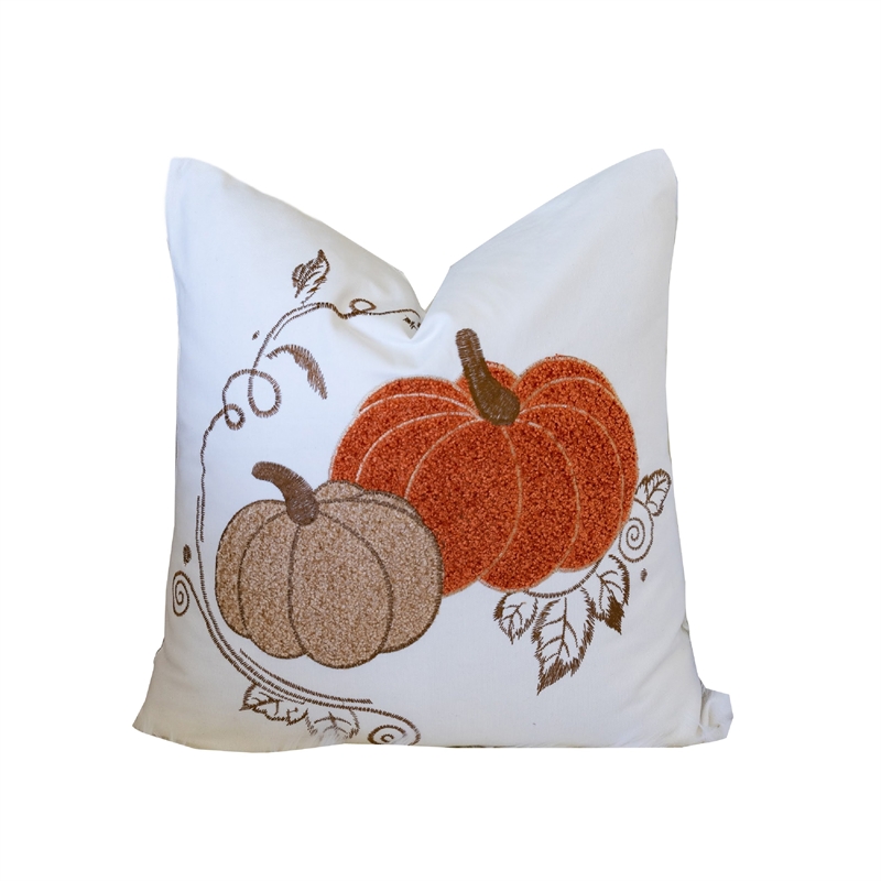Niva Square Throw Pillow- Embroidered Rust Pumpkins- White Cotton 20 Inch