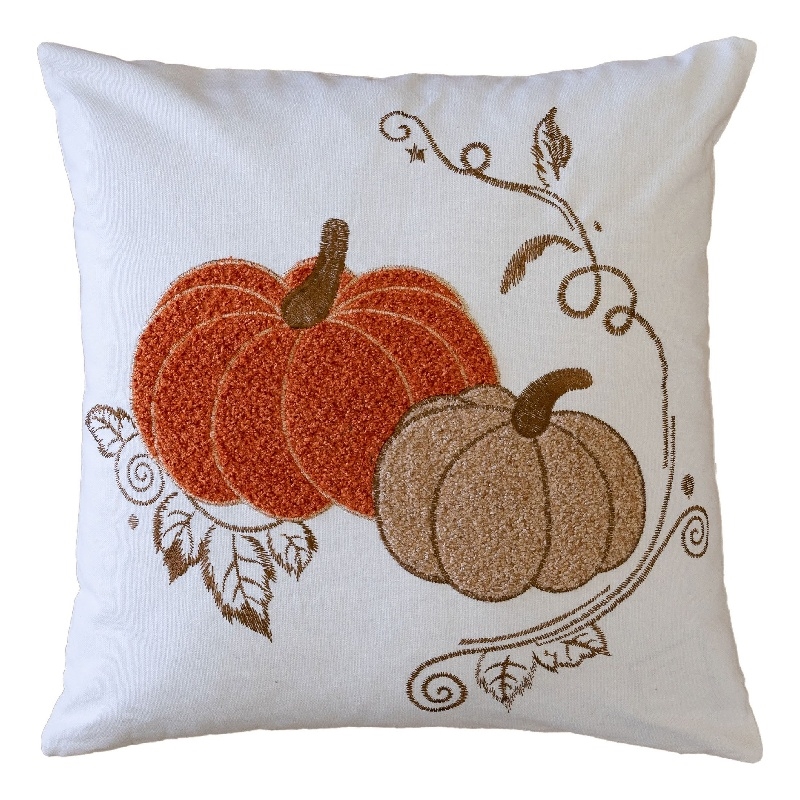Niva Square Throw Pillow- Embroidered Rust Pumpkins- White Cotton 20 Inch