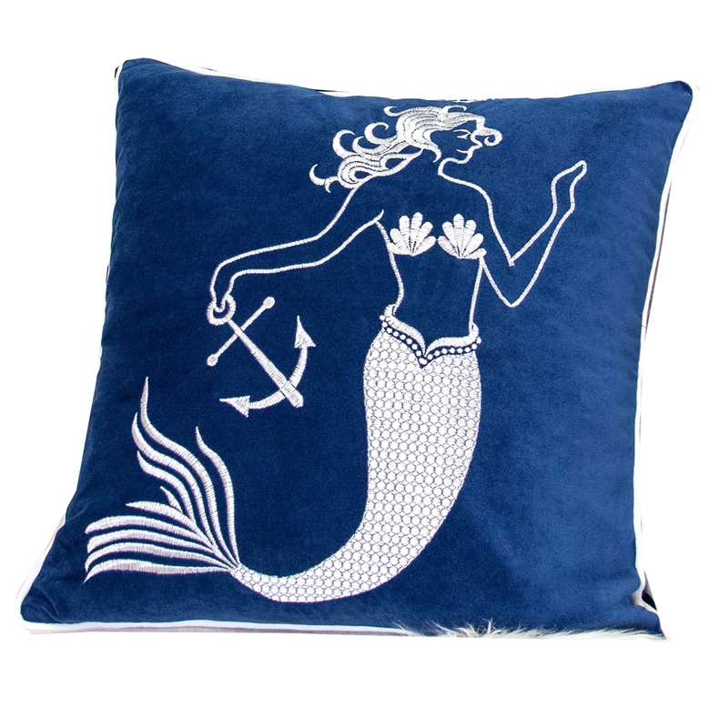 Niva Square Throw Pillow- Embroidered White Mermaid- Blue Velvet- 20 Inch