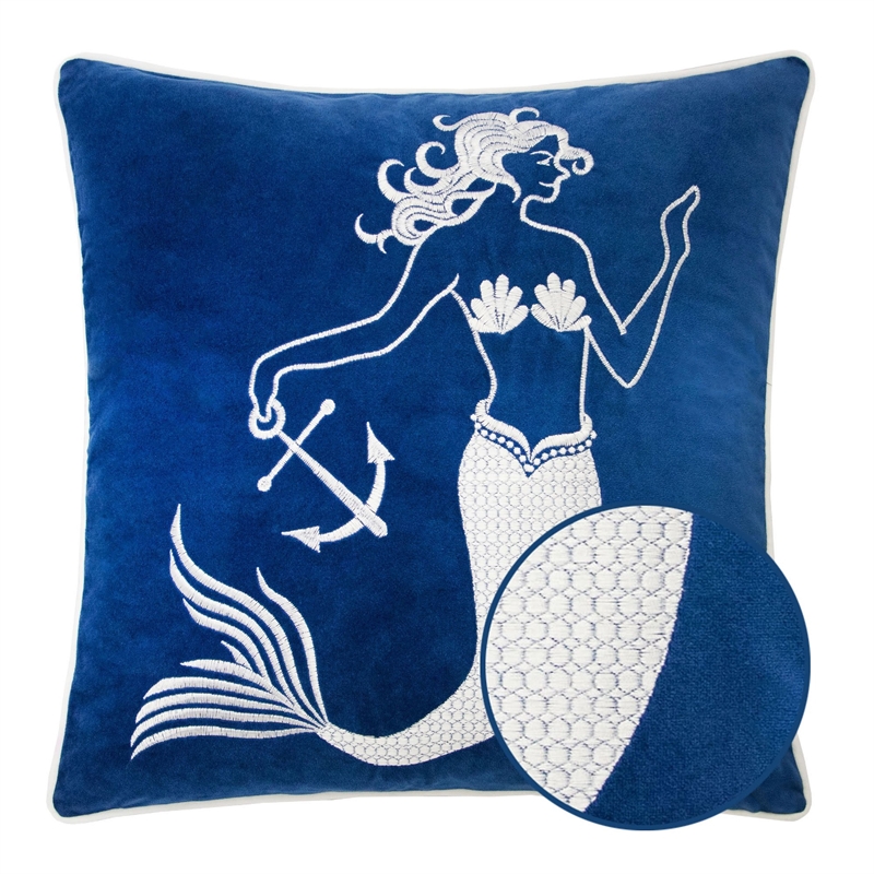 Niva Square Throw Pillow- Embroidered White Mermaid- Blue Velvet- 20 Inch