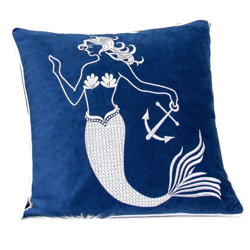 Niva Square Throw Pillow- Embroidered White Mermaid- Blue Velvet- 20 Inch