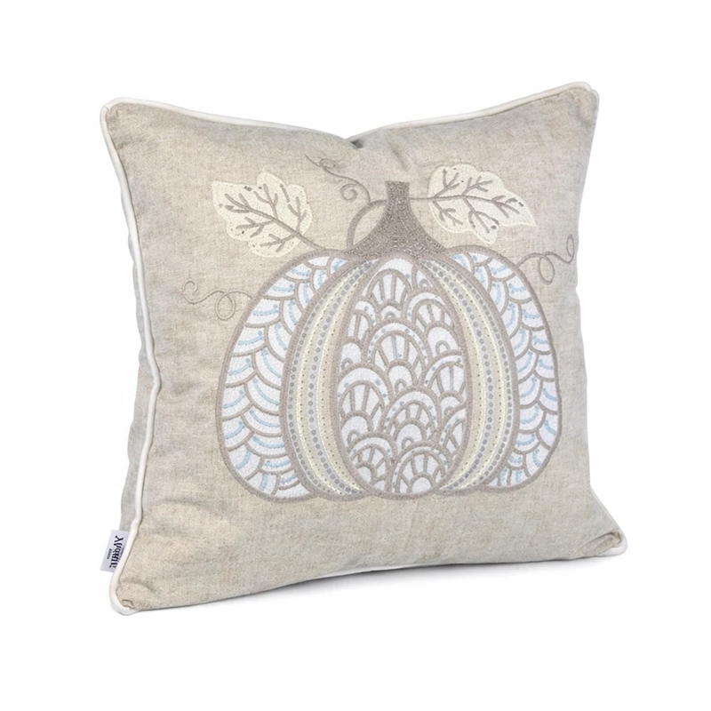 Niva Square Throw Pillow- Lace Embroidered Pumpkin- Linen-Blend Taupe 20 Inch