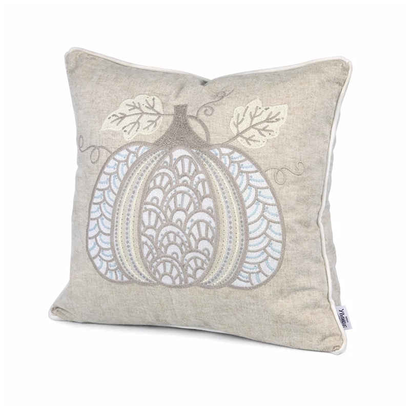 Niva Square Throw Pillow- Lace Embroidered Pumpkin- Linen-Blend Taupe 20 Inch
