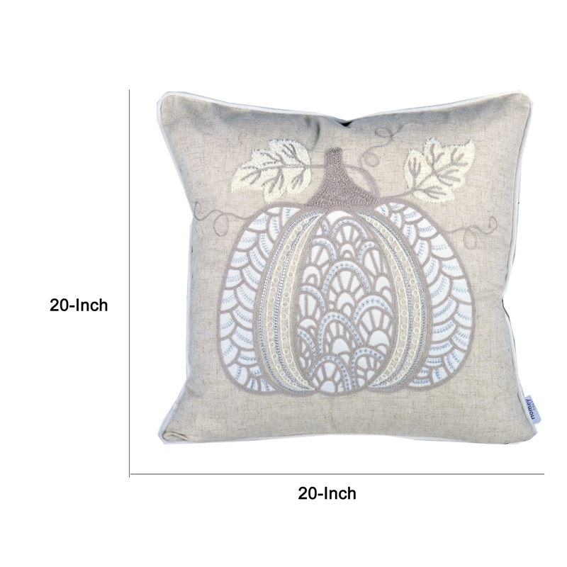 Niva Square Throw Pillow- Lace Embroidered Pumpkin- Linen-Blend Taupe 20 Inch
