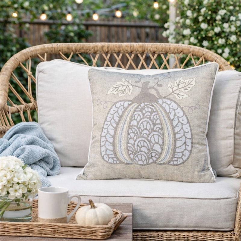 Niva Square Throw Pillow- Lace Embroidered Pumpkin- Linen-Blend Taupe 20 Inch