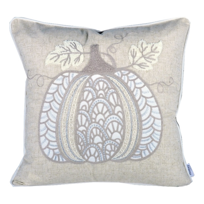 Niva Square Throw Pillow- Lace Embroidered Pumpkin- Linen-Blend Taupe 20 Inch