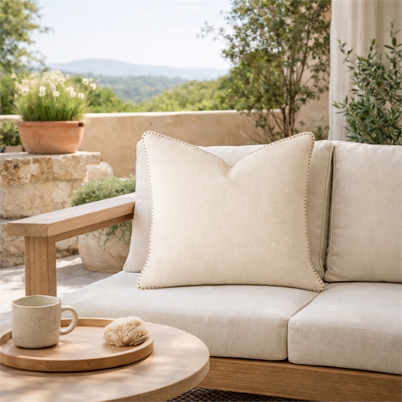 Niva Square Throw Pillow- Linen-Like Ivory- Decorative Stitched trim 24x24