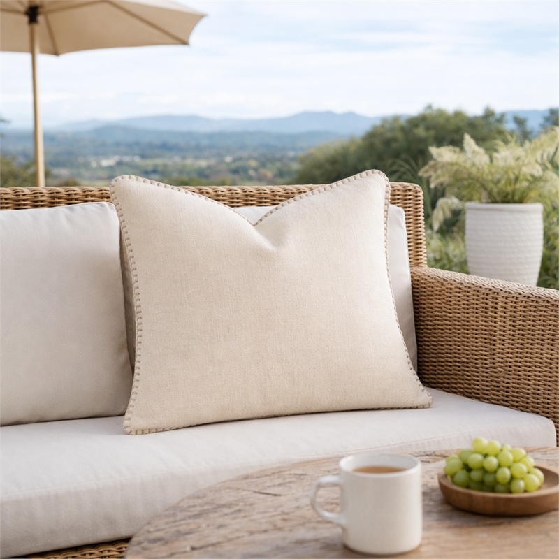 Niva Square Throw Pillow- Linen-Like Ivory- Decorative Stitched trim 24x24