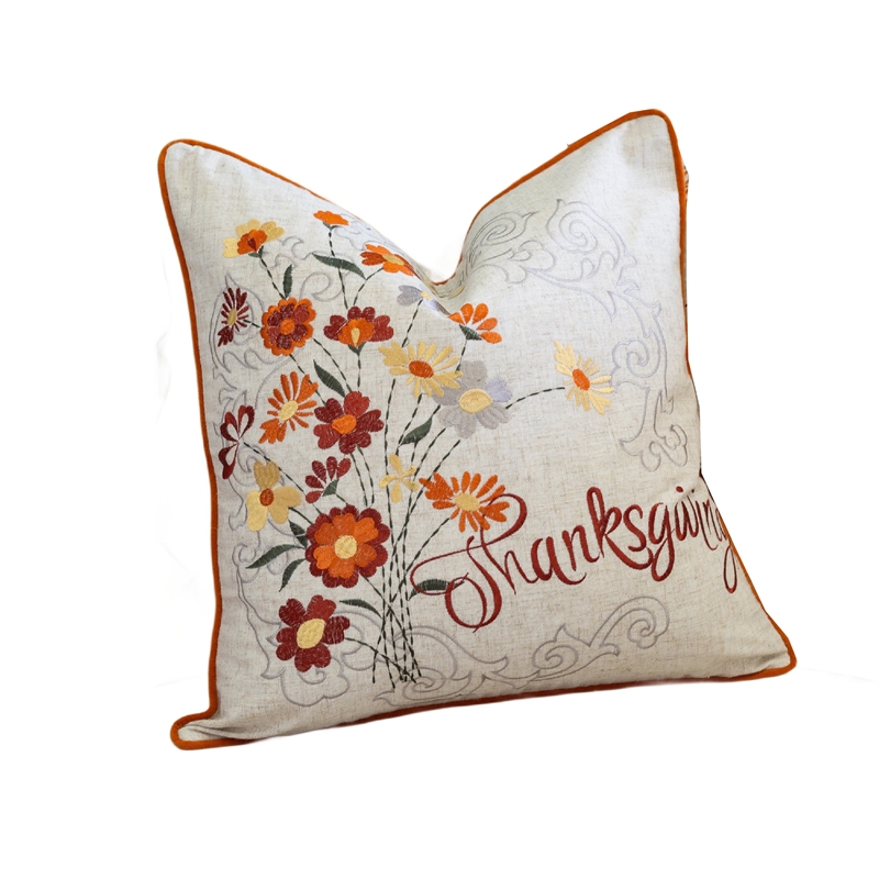 Niva Square Throw Pillow- Thanksgiving Embroidery- Orange Cotton-Blend 20 Inch