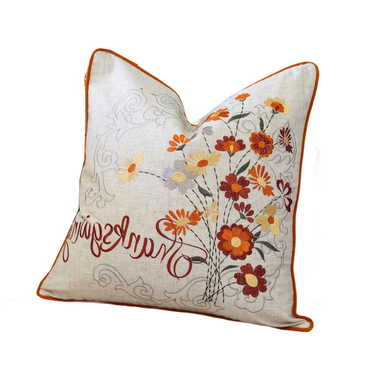 Niva Square Throw Pillow- Thanksgiving Embroidery- Orange Cotton-Blend 20 Inch