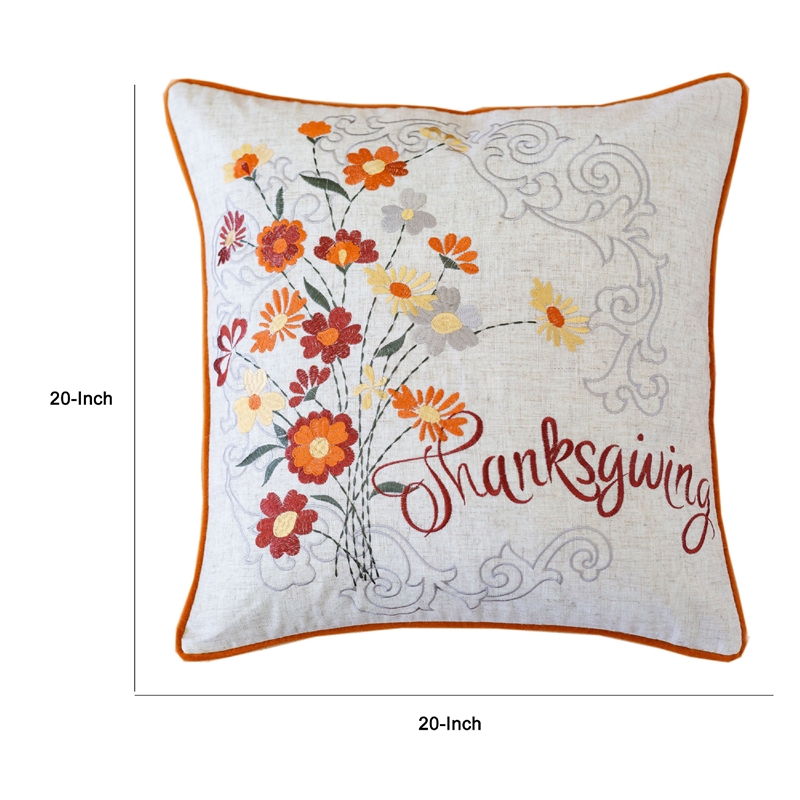 Niva Square Throw Pillow- Thanksgiving Embroidery- Orange Cotton-Blend 20 Inch