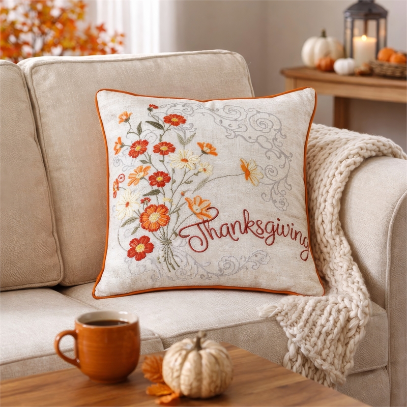 Niva Square Throw Pillow- Thanksgiving Embroidery- Orange Cotton-Blend 20 Inch