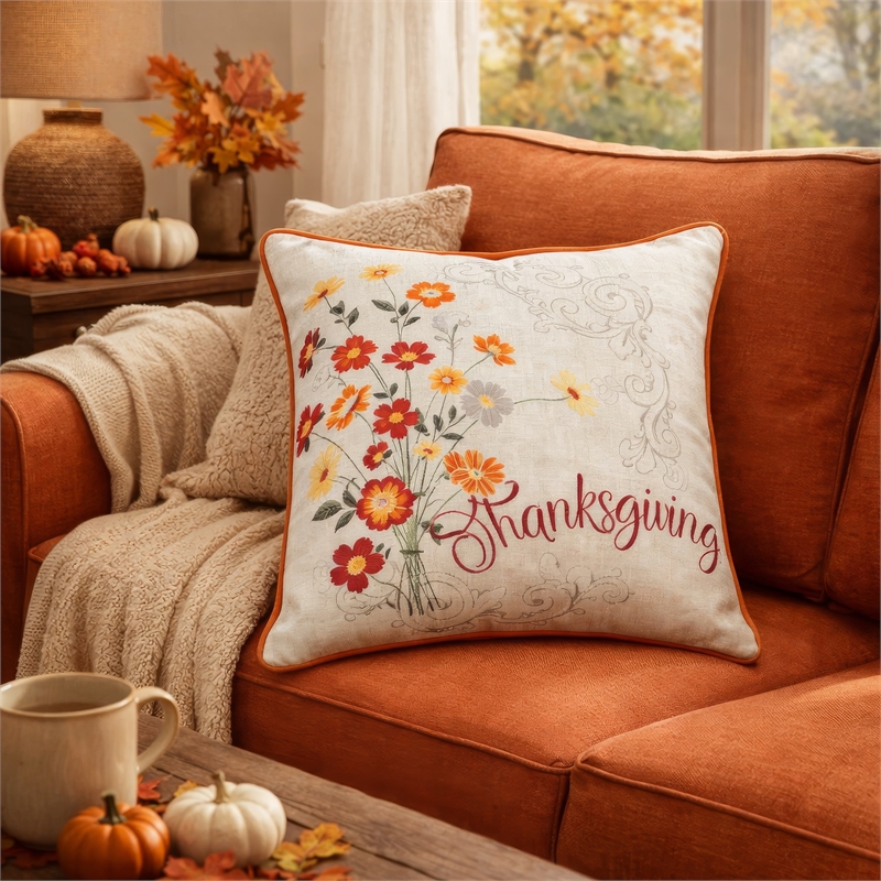 Niva Square Throw Pillow- Thanksgiving Embroidery- Orange Cotton-Blend 20 Inch