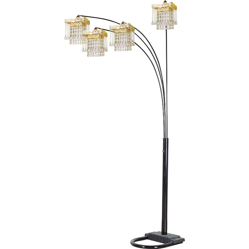 Kyle Arch Floor Lamp- Adjustable Arms- 4 Square Crystal Shades- Black- Gold