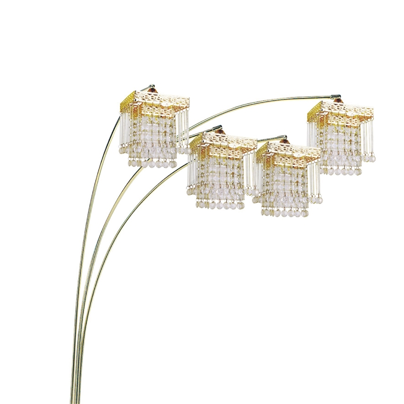Kyle Arch Floor Lamp- Adjustable Arms- 4 Square Crystal Shades- Black- Gold