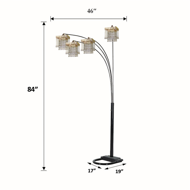 Kyle Arch Floor Lamp- Adjustable Arms- 4 Square Crystal Shades- Black- Gold