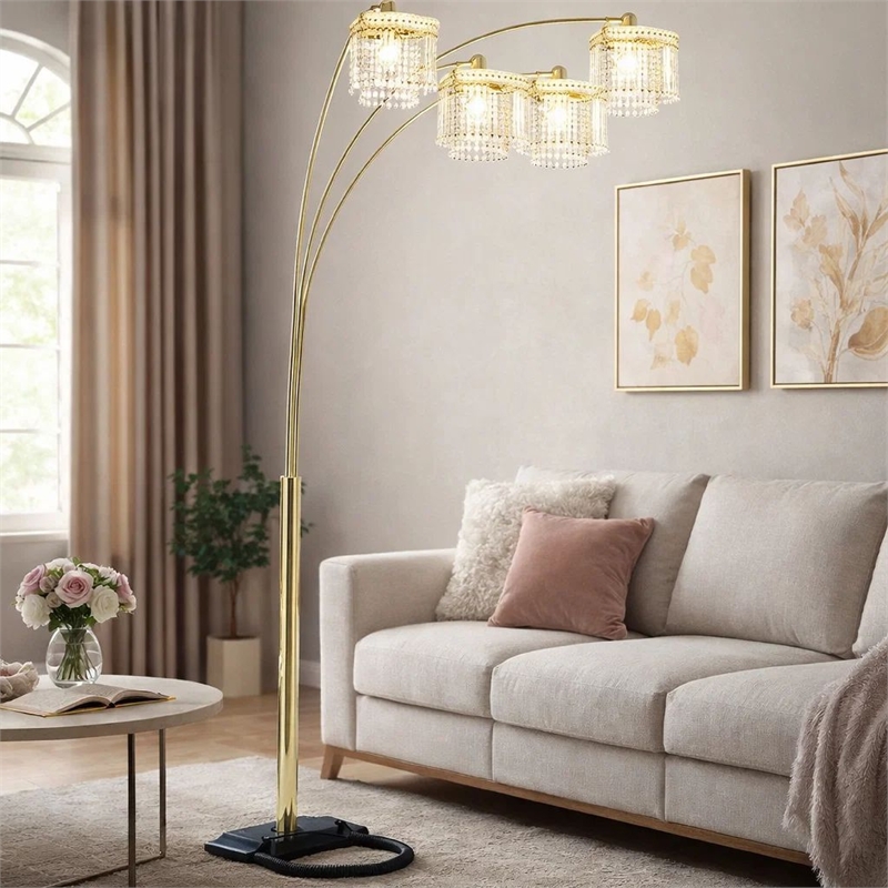 Kyle Arch Floor Lamp- Adjustable Arms- 4 Square Crystal Shades- Black- Gold
