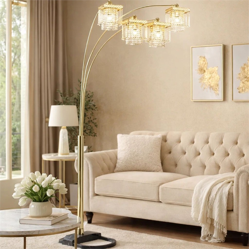 Kyle Arch Floor Lamp- Adjustable Arms- 4 Square Crystal Shades- Black- Gold
