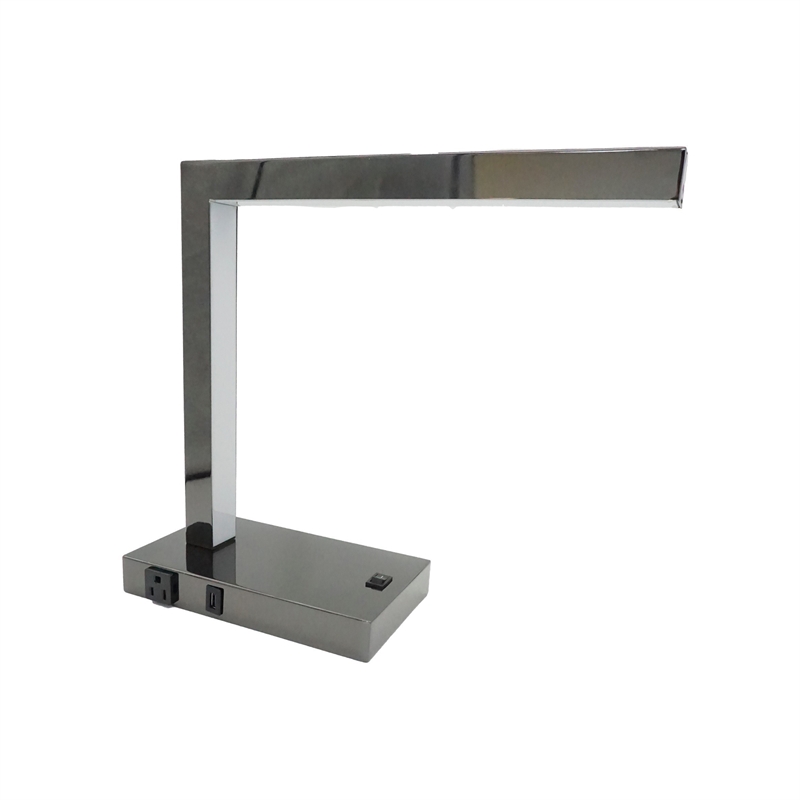 L Shaped LED Desk Lamp- USB and Power Outlet- Rocker Switch- Chrome Metal