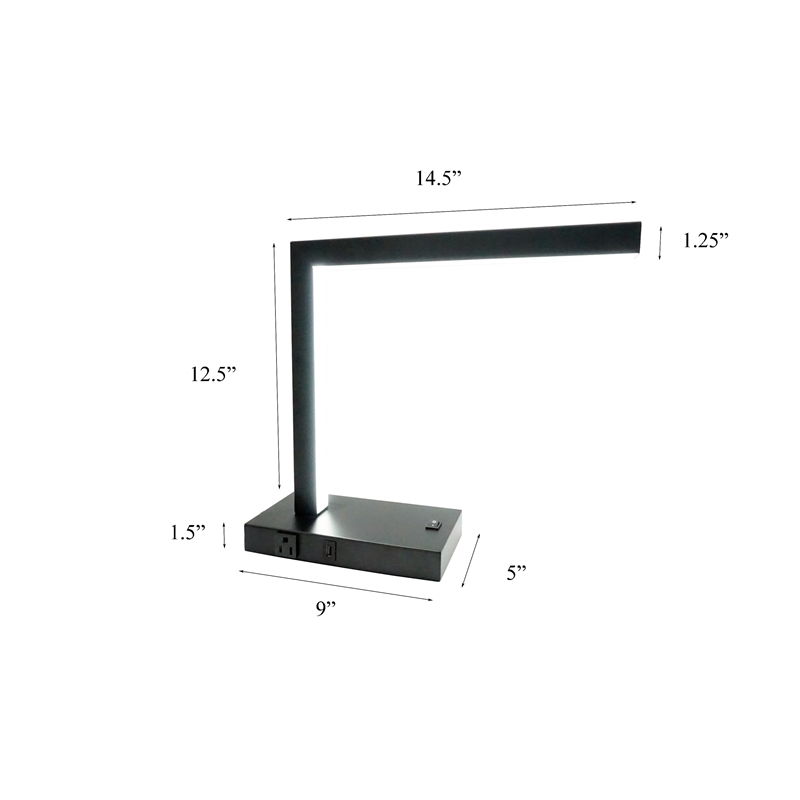 L Shaped LED Desk Lamp- USB and Power Outlet- Rocker Switch- Chrome Metal