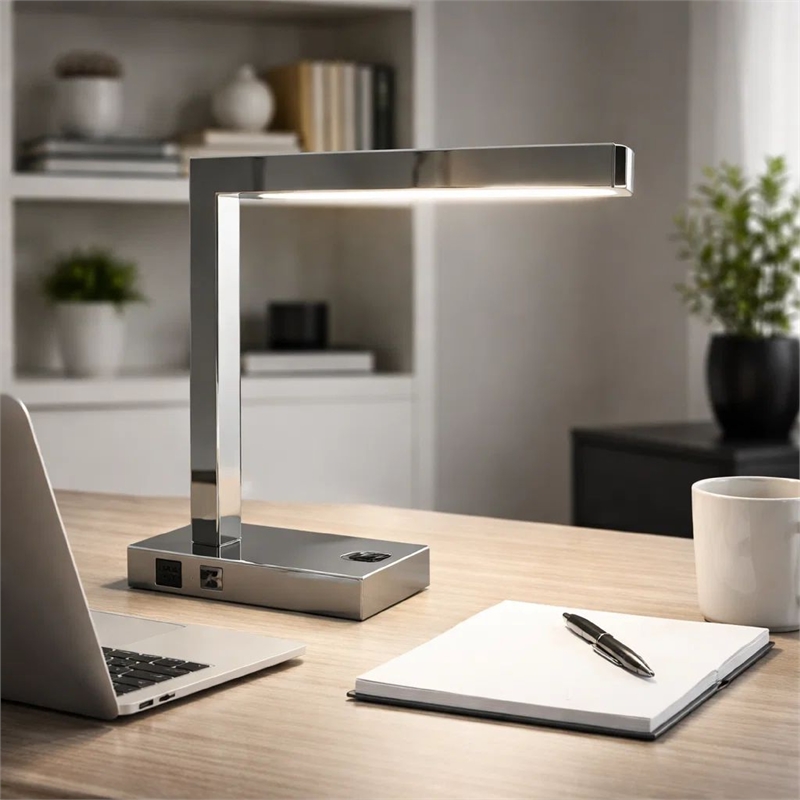 L Shaped LED Desk Lamp- USB and Power Outlet- Rocker Switch- Chrome Metal