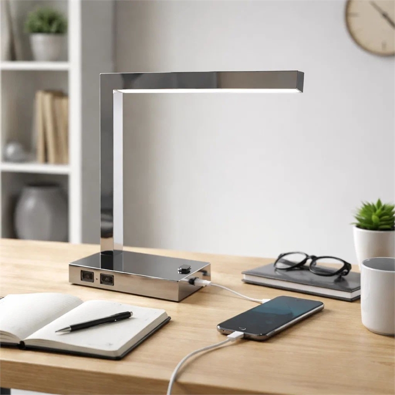 L Shaped LED Desk Lamp- USB and Power Outlet- Rocker Switch- Chrome Metal