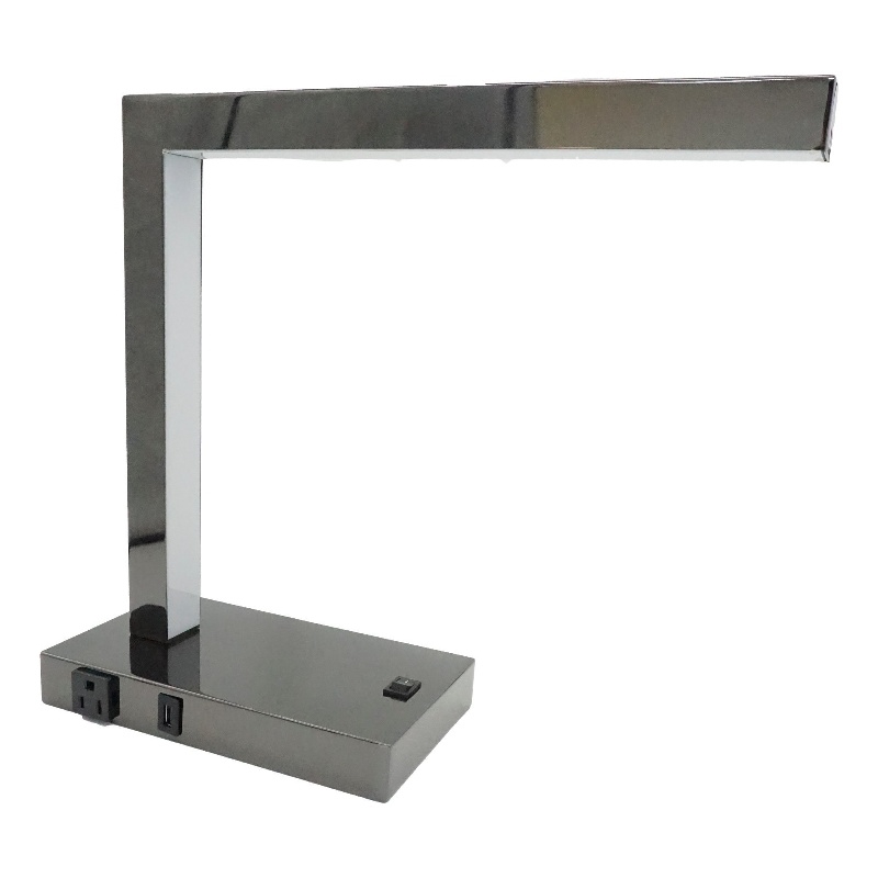 L Shaped LED Desk Lamp- USB and Power Outlet- Rocker Switch- Chrome Metal