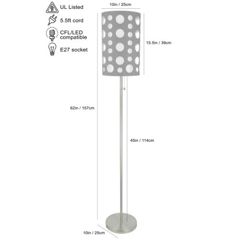 Retro Floor Lamp- 62 Inch- Gray and White Drum Shade- Pull Chain Switch