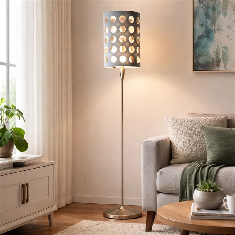 Retro Floor Lamp- 62 Inch- Gray and White Drum Shade- Pull Chain Switch