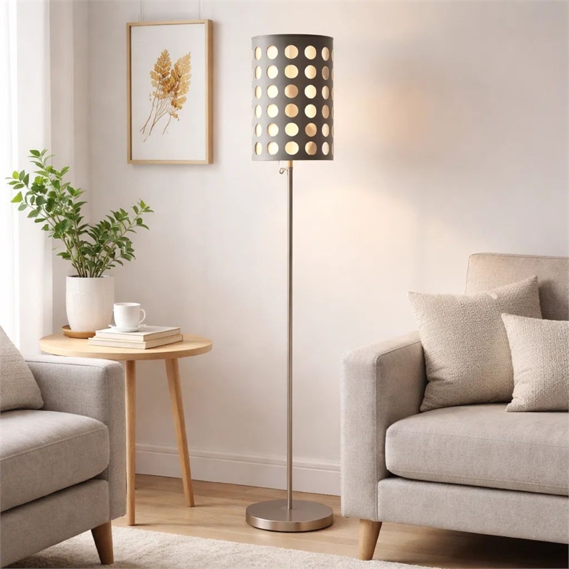 Retro Floor Lamp- 62 Inch- Gray and White Drum Shade- Pull Chain Switch