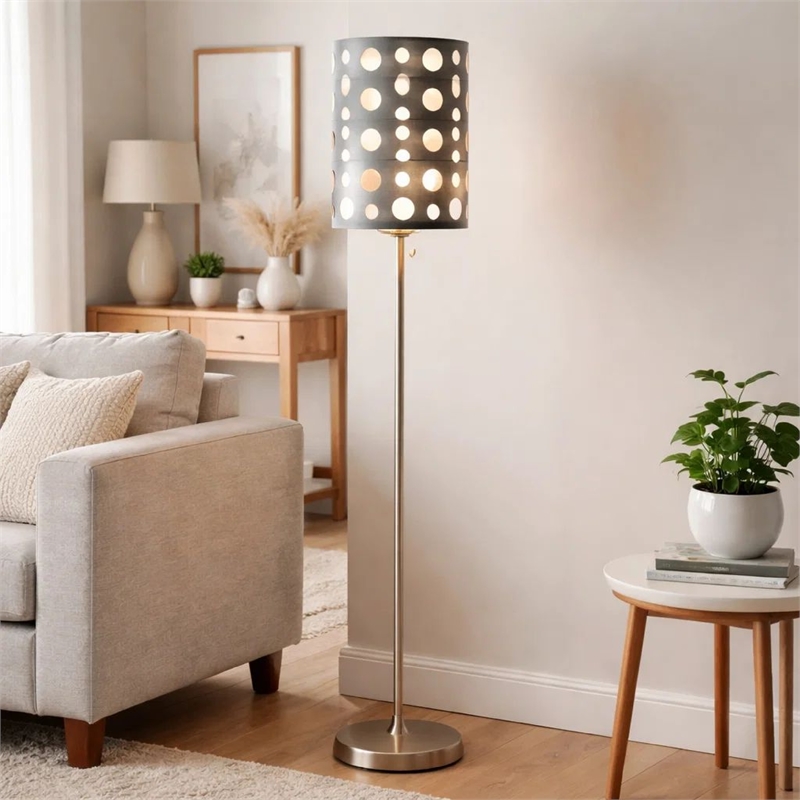 Retro Floor Lamp- 62 Inch- Gray and White Drum Shade- Pull Chain Switch
