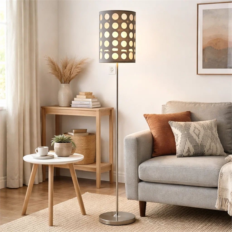 Retro Floor Lamp- 62 Inch- Gray and White Drum Shade- Pull Chain Switch