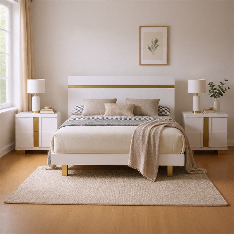 Queen Bedroom Set- White- Gold Wood- 3 Piece Set with 2 Nightstands