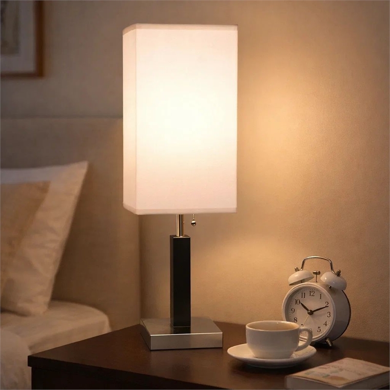 Table Lamp- White Fabric Shade- Square Brown Body- Chrome Metal Base