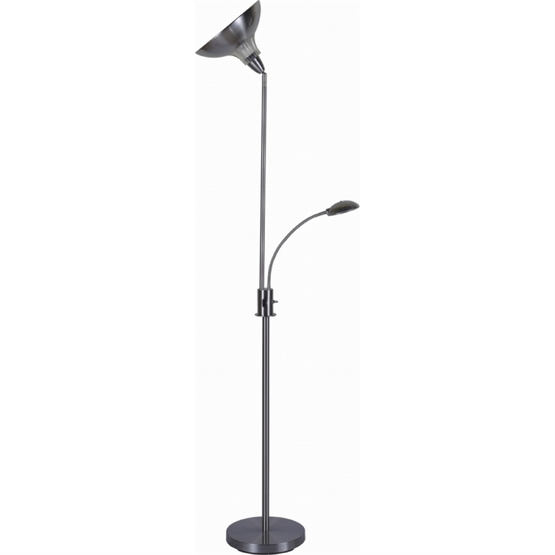 Torchiere Floor Lamp w LED Reading Light- Adjustable Arm- Satin Nickel