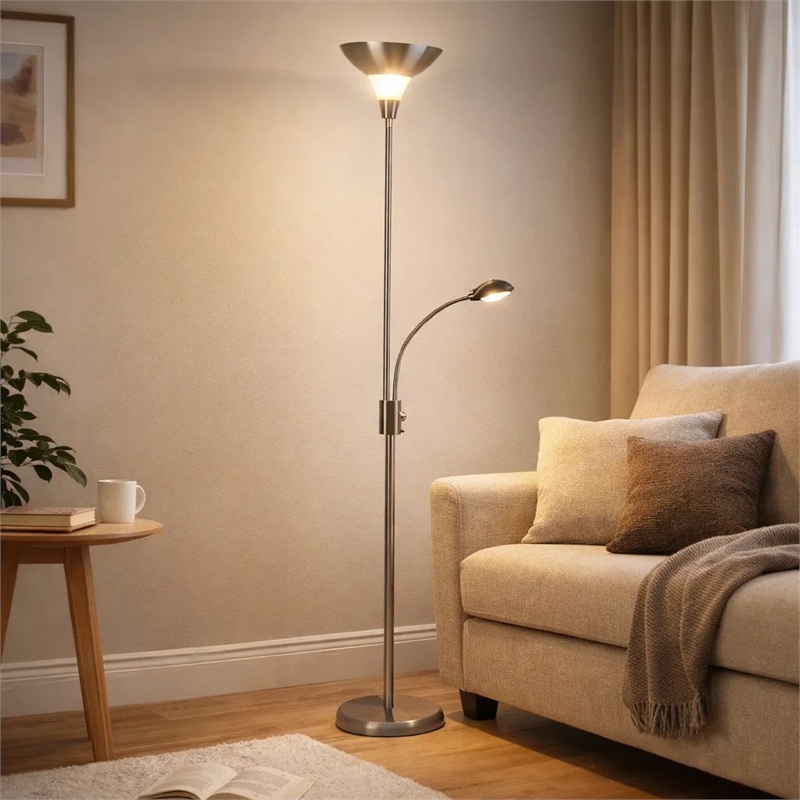 Torchiere Floor Lamp w LED Reading Light- Adjustable Arm- Satin Nickel