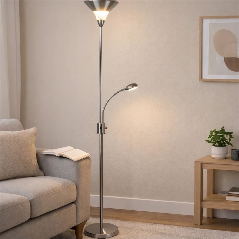 Torchiere Floor Lamp w LED Reading Light- Adjustable Arm- Satin Nickel