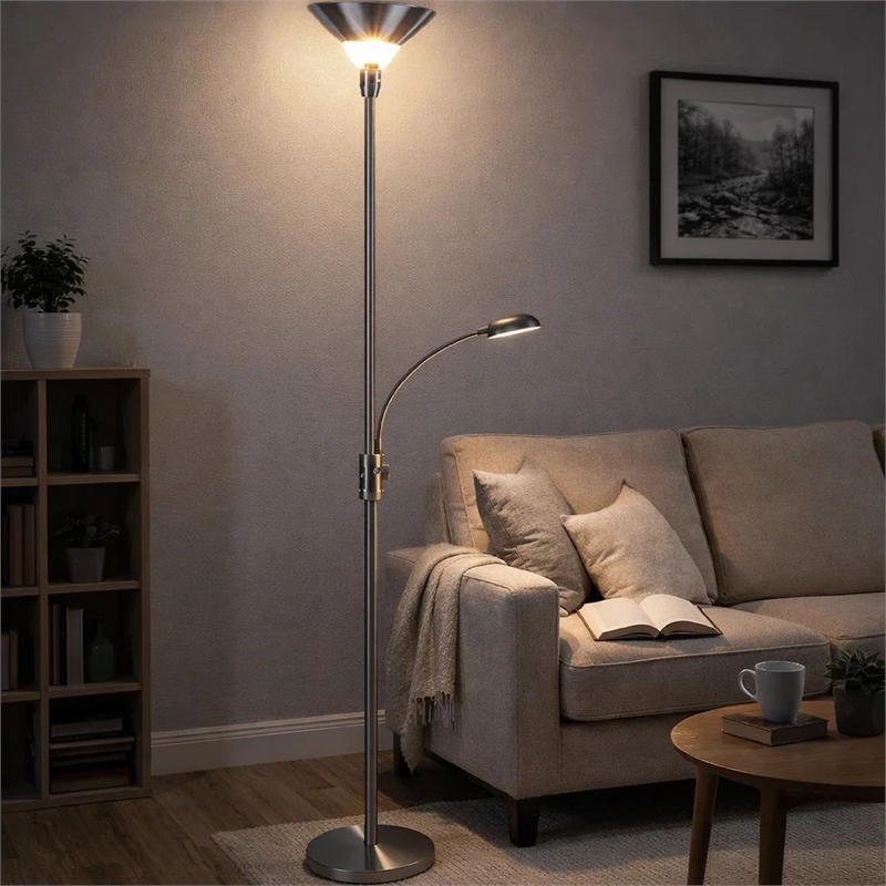 Torchiere Floor Lamp w LED Reading Light- Adjustable Arm- Satin Nickel